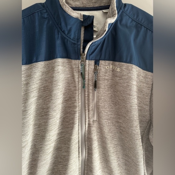 Orvis Mens Bonded Blue Gray Mesh Fleece Full Zip Jacket LG Outdoor Pockets Warm - Picture 2 of 10